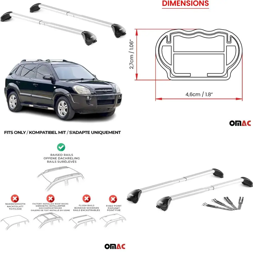 Telescopic Heavy Duty Roof Rack Cross Bars for 2005-2009 Hyundai Tucson, 220Lbs Capacity, Aluminum Silver, Fits Cargo Carriers,