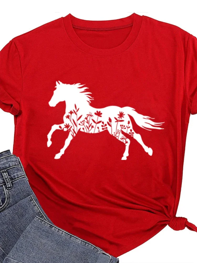 Wildflower Horse Print Women T Shirt Short Sleeve O Neck Loose Women Tshirt Ladies Tee Shirt Tops Clothes Camisetas Mujer