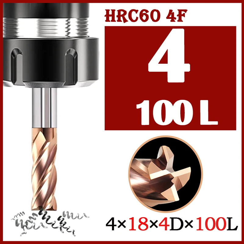 HRC60 End Mill 4x18x4Dx100L 4 Flute Milling Cutter Alloy Coating Tungsten Steel Cutting Tool 4MM CNC Maching Endmills