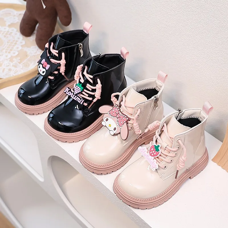 

Cute Kuromi Melody Girl's Ankle Boot Cartoon Fashion Children's Autumn Boots Glossy PU Kids Fashion Thick Bottom Princess Boots