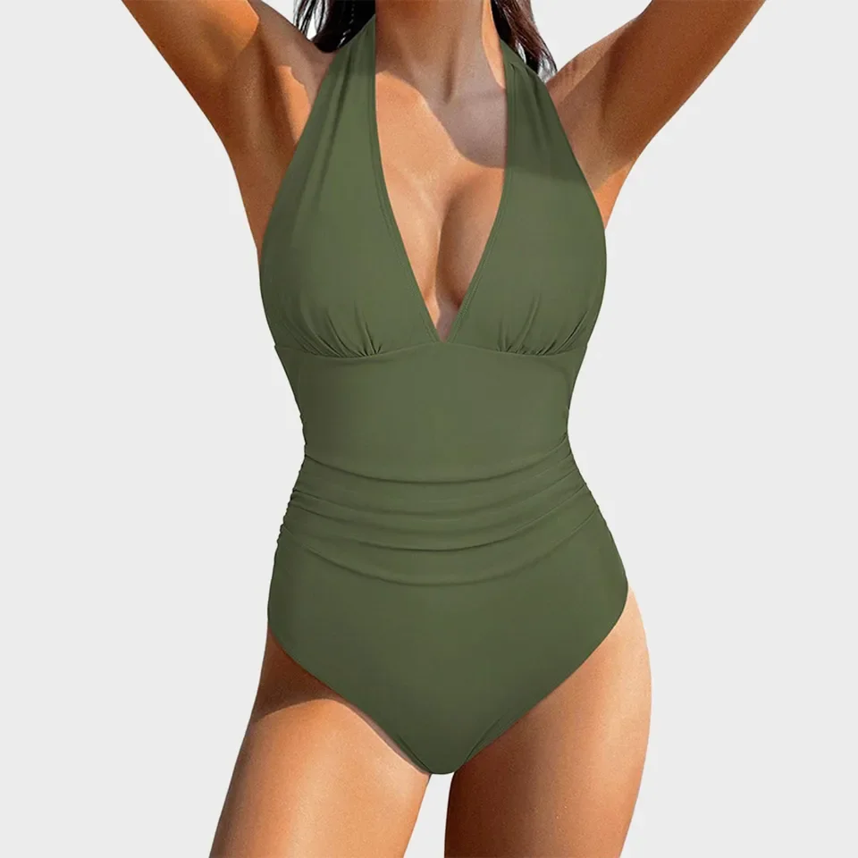 Costume da bagno intero da donna con scollo a V Costume da bagno intero con scollo all'americana e volant senza schienale Costume da bagno sexy perizoma imbottito