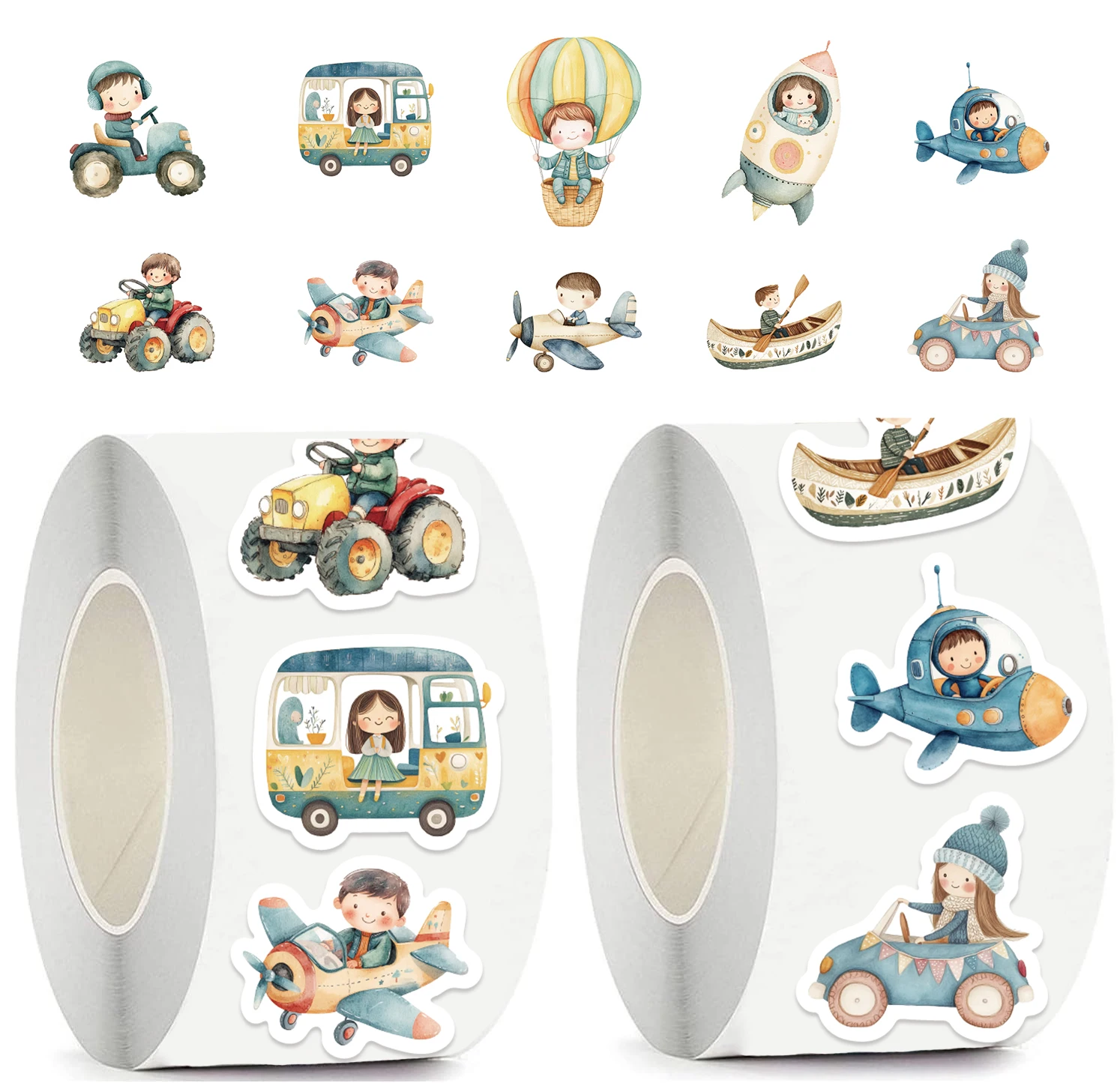 500pcs Cartoon Transportation Stickers Roll Cute Boat Car Vehicles for Party Decor Water Bottle Laptop Refrigerator Skateboard