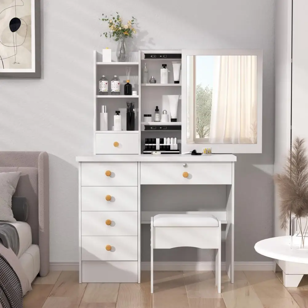 Vanity Desk with Sliding Mirror, Bedroom Dressing Table, Makeup Desk with 6 Drawers, Open Shelves, Hidden Storage Space image 5