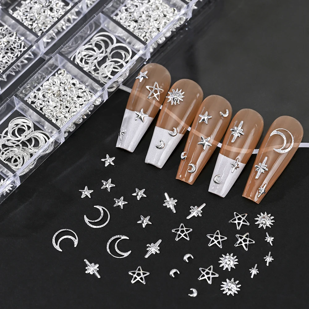12 กริดทองเงิน Sun/Star/Moon เล็บ Studs Charms 3D ประกาย Pentagram Starry เครื่องประดับเล็บ Y2K ญี่ปุ่นตกแต่งเล็บ