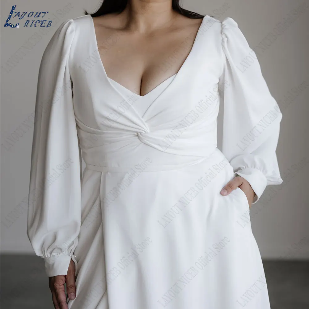 LAYOUT NICEB Plus Size Vestido De Noiva De Cetim Decote Em V A Linha Backless Vestido De Noiva Voltar Beading Longo Puff Mangas robes de mariée 2024LAYOUT NICEB Plus Size Vestido De Noiva De Cetim Decote Em V A Linha B