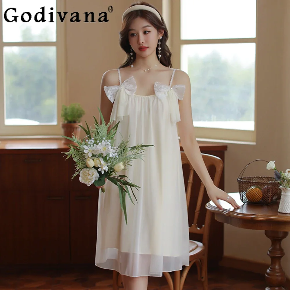 Sexy Suspender Pajamas Summer Sweet Fairy Bow Sleepwear Women Seduction Nightgowns Robe  Homewear Set Dress