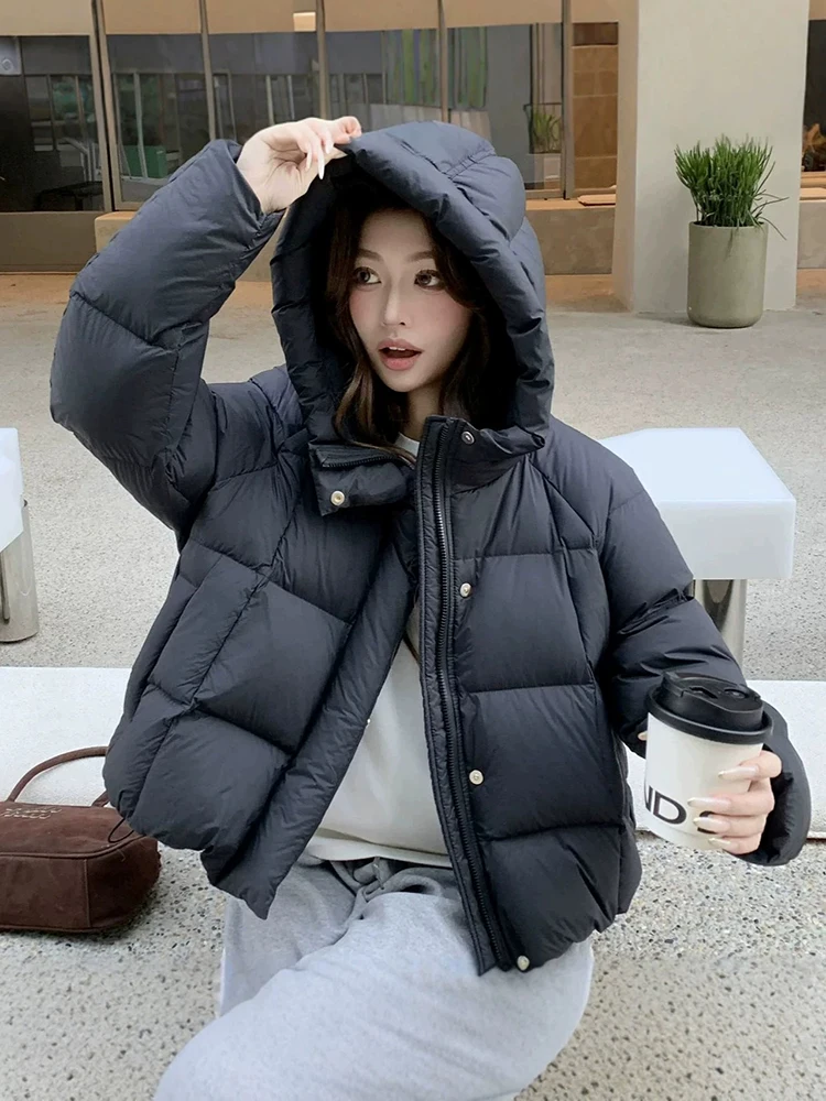 Winter White Duck Down Puff Fluffy Short Outwears Women Waterproof Solid Hooded Down Jacket Female Warm Thick Zipper Down Jacket