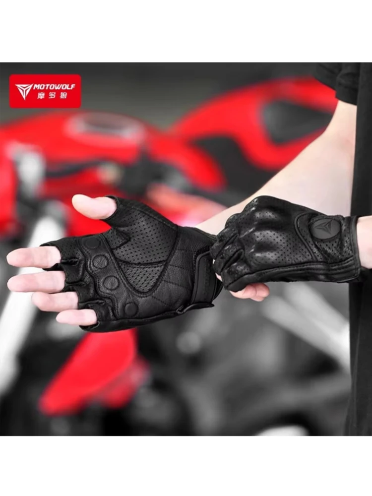 Men's Motocross Gloves Fingerless Sheepskin Leather Motorcyc