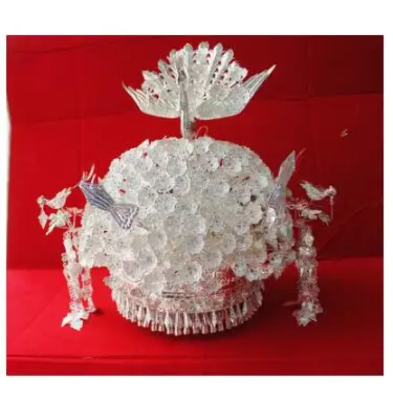 Women Silver Miao Hat Headdress Bride Chinese Hmong Festival Metal Flower Dance