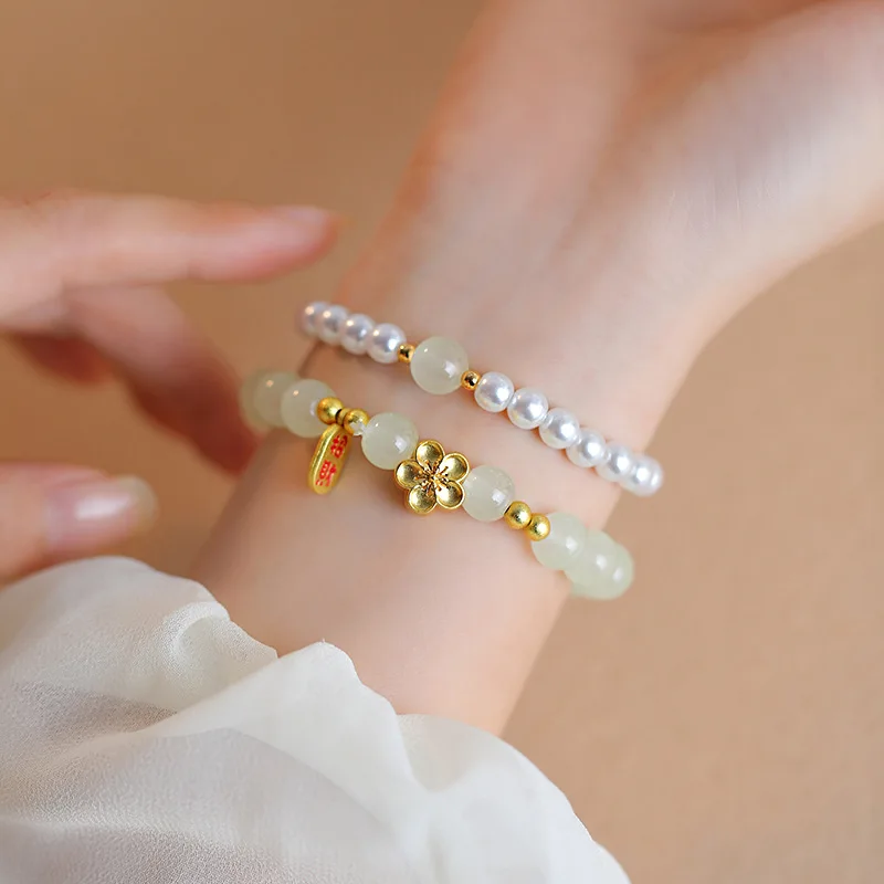 2 Pcs Imitation Pearl Stone Beads Bracelets Bring Fortune Flower Cherry Blossoms Bracelet Stackable Bracelet Hand Jewelry Sets