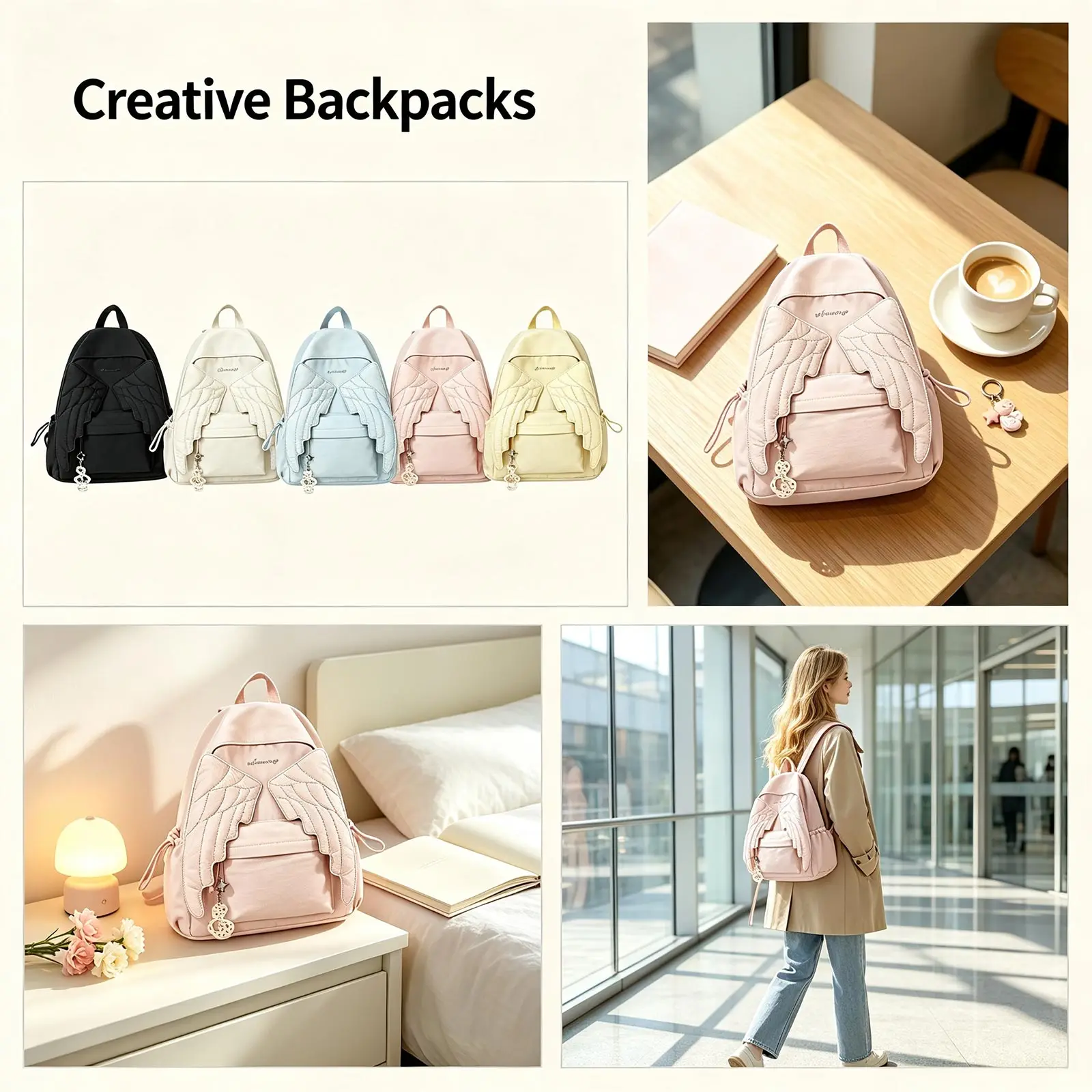 Cute Backpack with Wing-shaped Pendant Girls Casual Zipper Dual-Shoulder Bag Children's Fashionable Backpacks