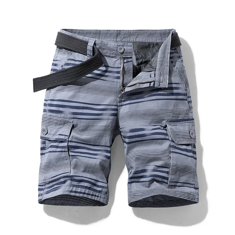 LIBIELIY New Summer Casual Short Men Fashion Stripe Cargo Shorts Cotton Military Jogger Knee Length Breeches Bermuda Mens Shorts