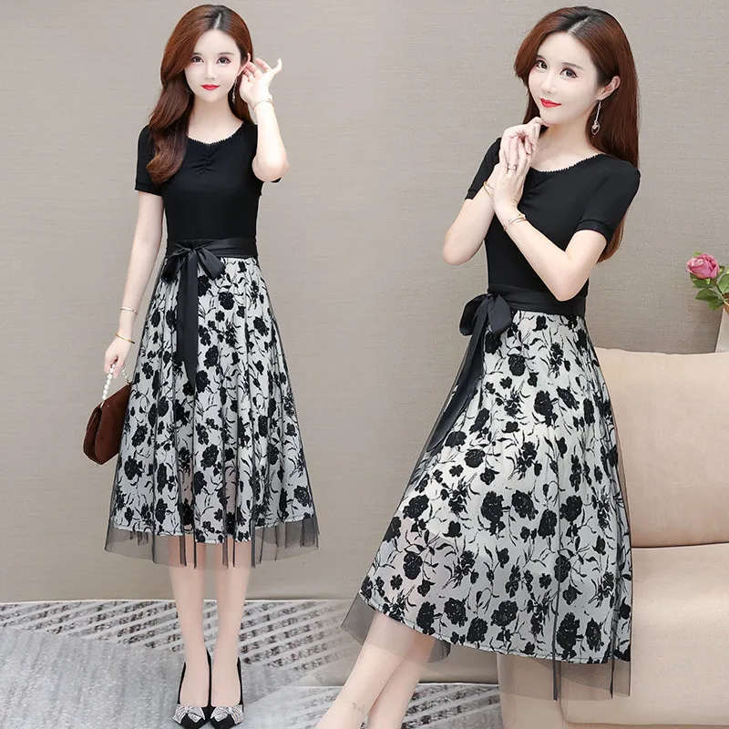 Asia Black, Short Sleeve Stitching Fake Two-Piece Mesh Dress Summer Temperament Waist-Controlled Tied Dress