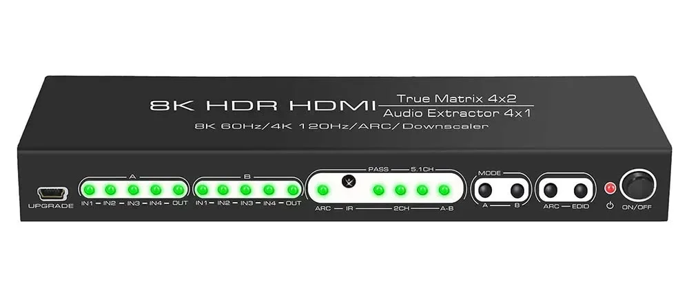 HDMI2.1 8K HDR HDMI مصفوفة 4x2 التبديل الفاصل 4k 120hz دعم Dolby Vision Atoms 4x1 مستخرج الصوت ARC EDID PASS 2CH 5.1CH