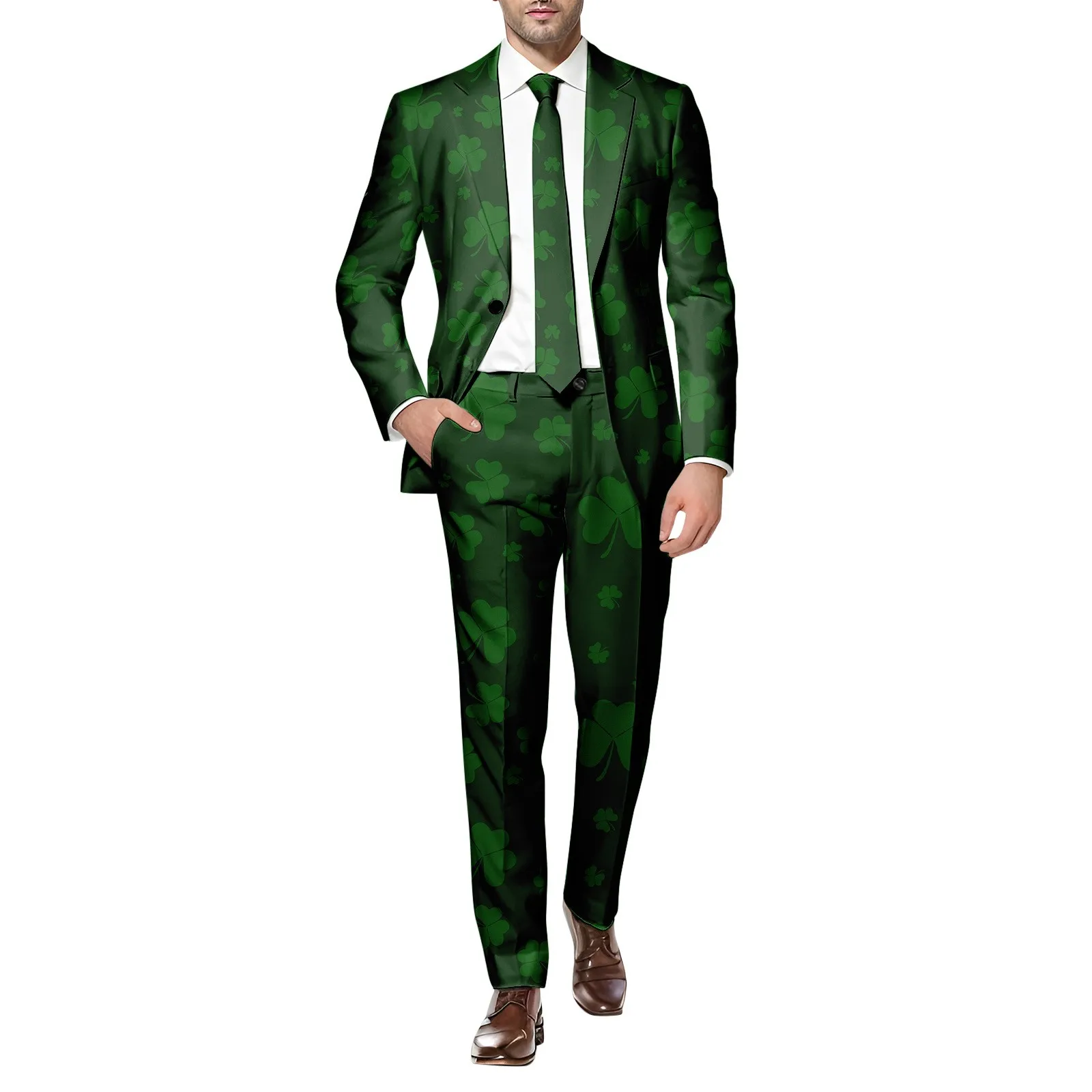 Plus Size Clovers Print Green Men's Suits Outfits St. Patrick's Day Formal 2 Piece Set Single Button Blazer Jacket+Pant Sets