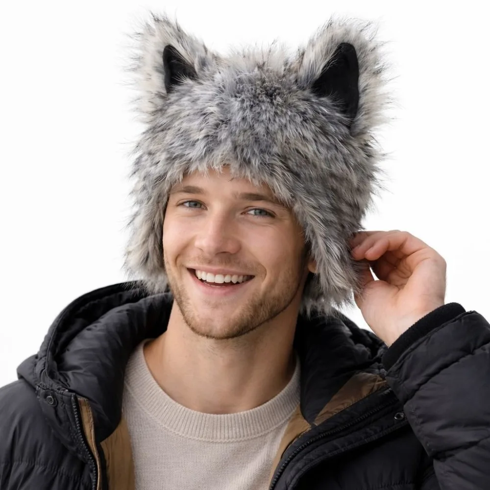 Holiday Grey Wolf Paw Cosplay Set Fluffy Texture Animal Wolf Hat with Ears Faux Fur Hairy Cosplay Wolf Claws Halloween Party