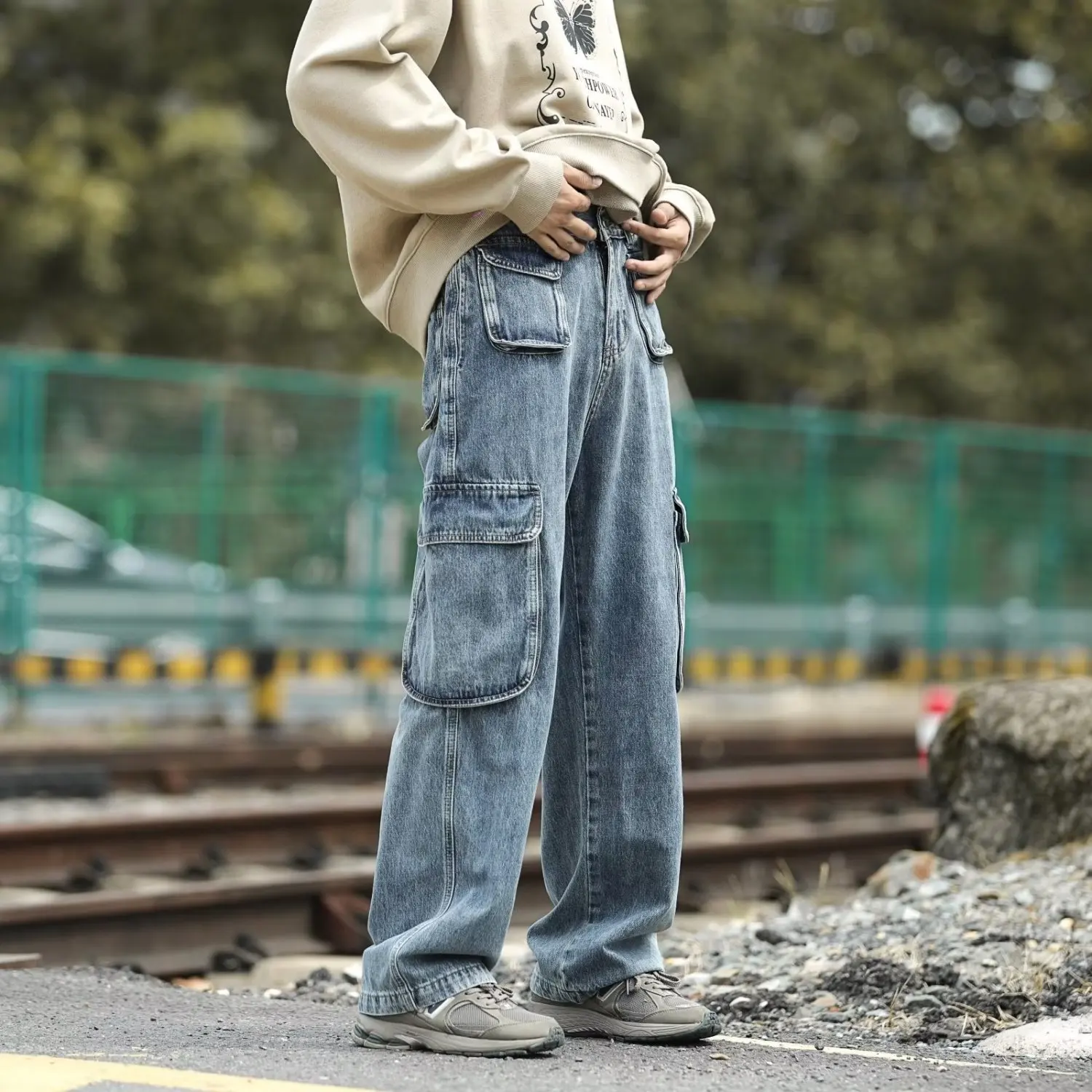 2024 new summer men's baggy jeans retro multi-pocket straight work jeans trendy fashion versatile y2k men's jeans men's clothing