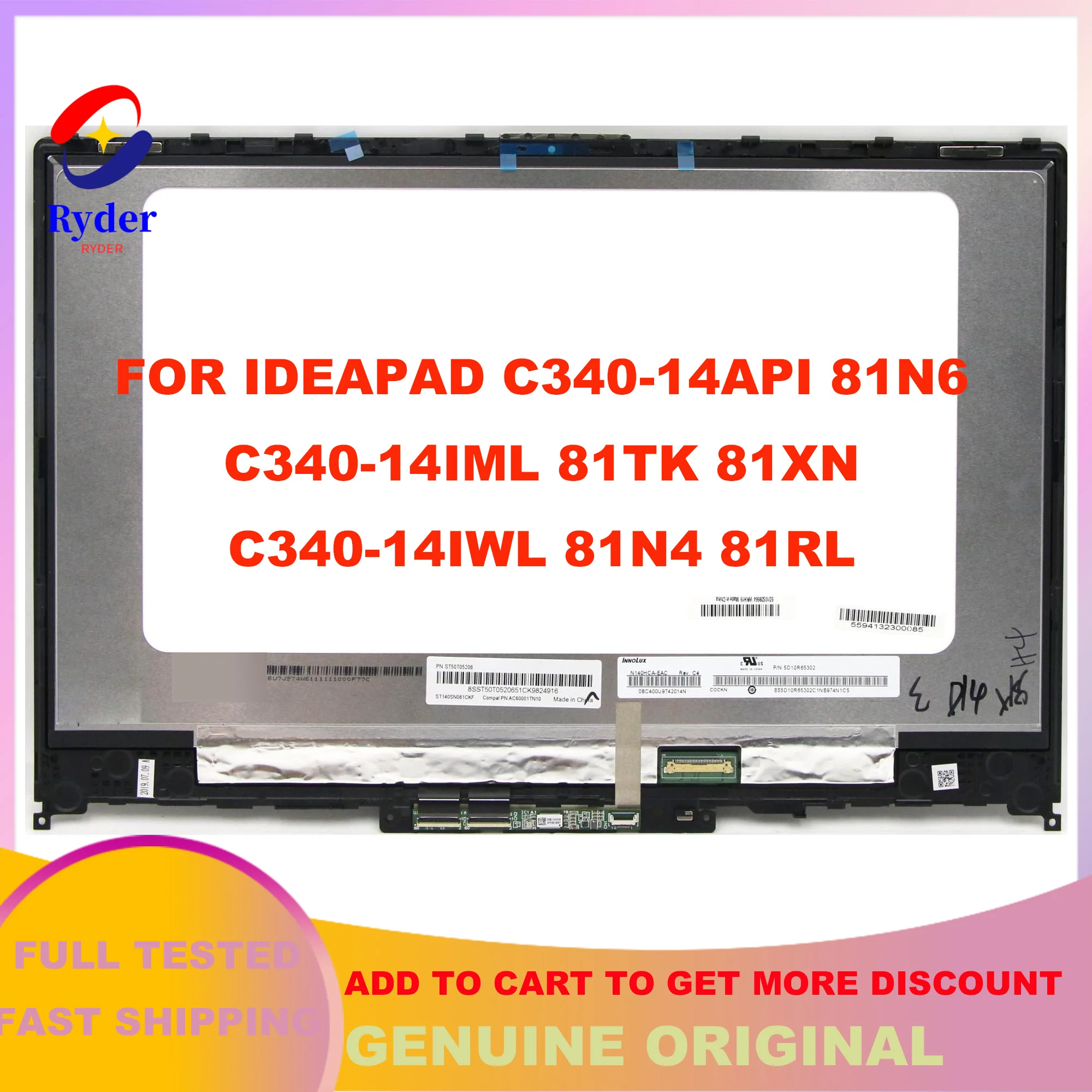 

14" FHD For Lenovo Ideapad C340-14API IML IWL Flex 14 LCD Touch Screen Replacement Assembly 5D10S39563 5D10S39564 5D10S39562