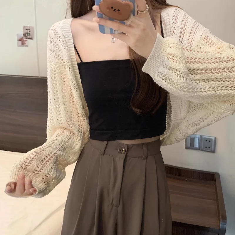 Pointelle tricot ouvert devant Cardigan pour femmes haut court haussement d'épaules Cardigan pull veste printemps été adolescente Y2K tenue