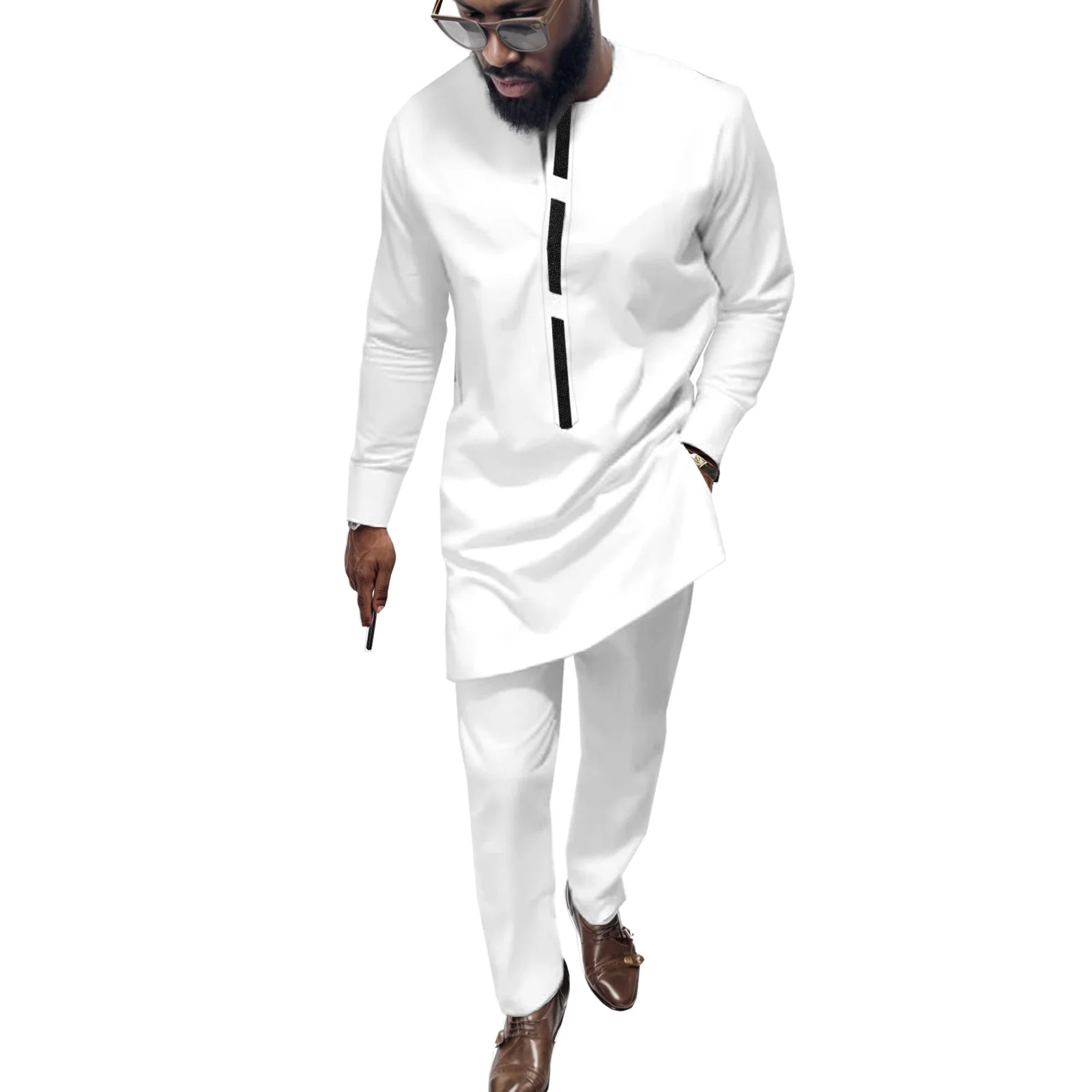 African Suit for Men Dashiki Traditional Outfits Long Sleeve Splice Velvet Top And Pants 2 Piece Set