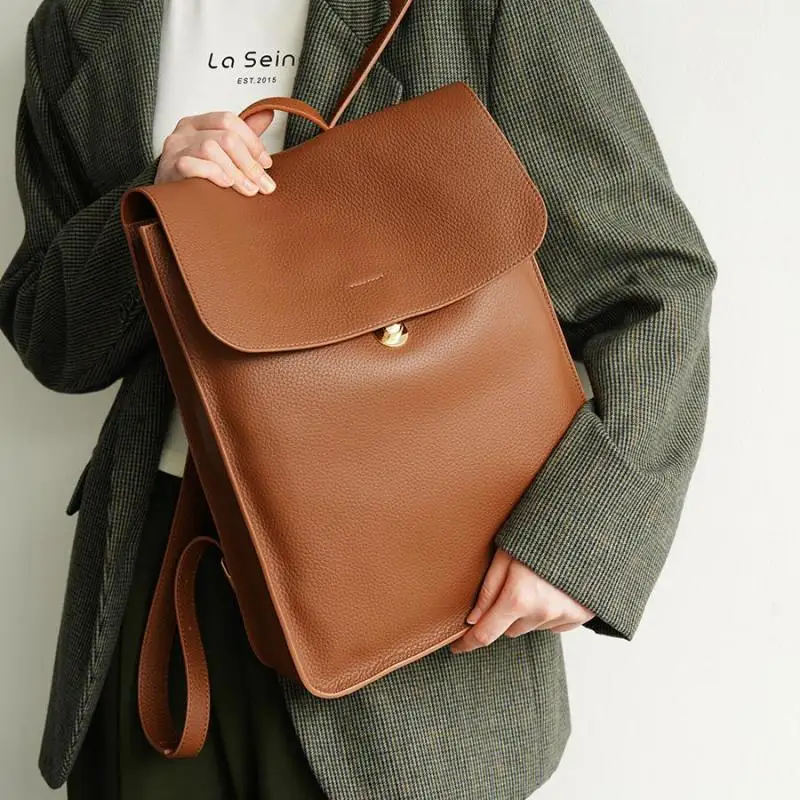 Sac à dos en cuir de vache pour femmes, avec couche supérieure, Simple et grande capacité, pour les déplacements, haut de gamme, pour ordinateur, tendance, 2025