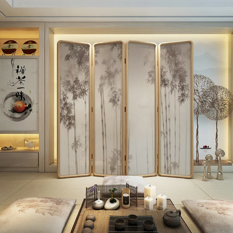 New Chinese-style solid wood screen partition living room entrance folding mobile office hotel tea room background folding scree