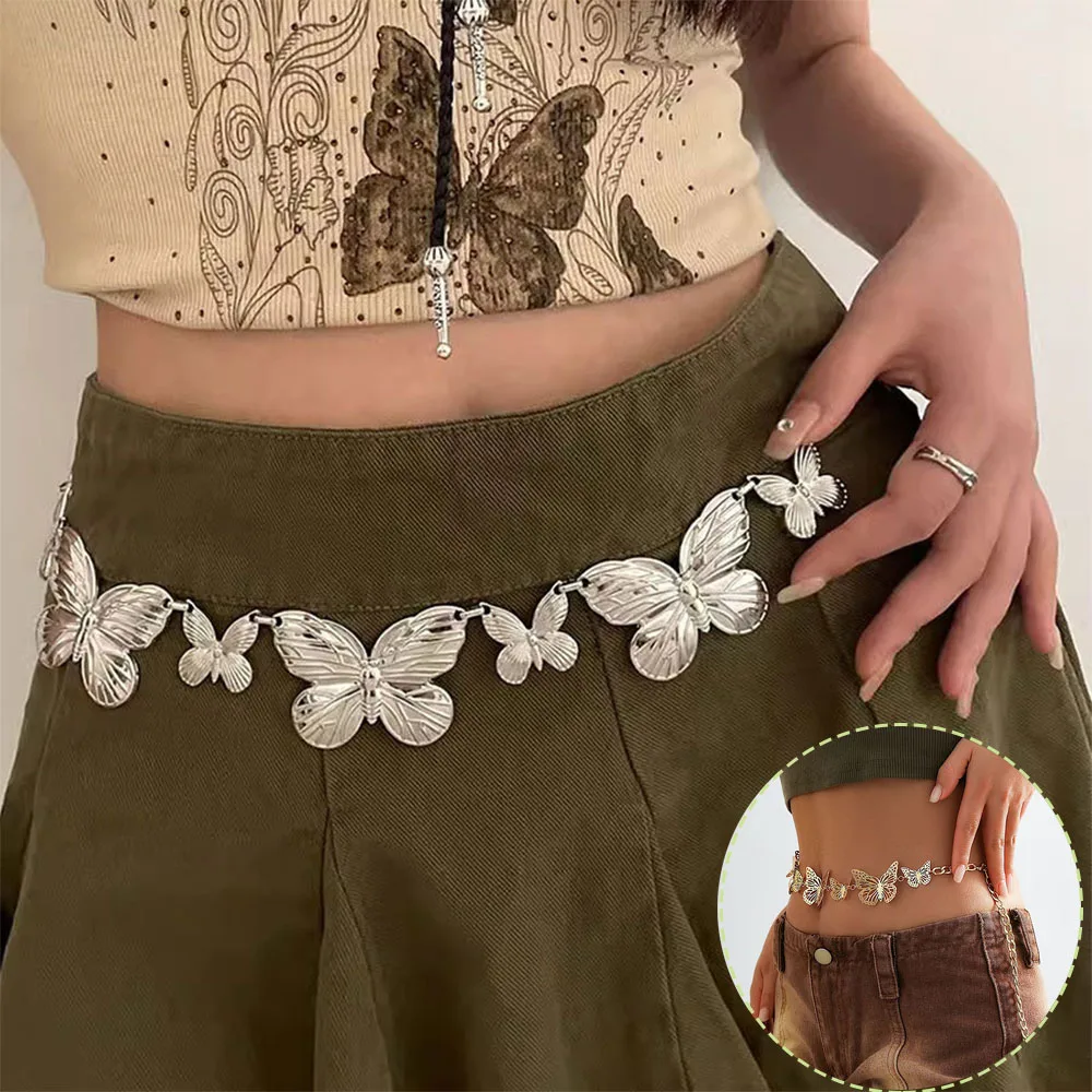 

Metal Butterfly Waist Belts For Women Vintage 3D Hollow Out Butterfly Snap Buckle Adjustable Waistband Girls Y2K Waist Chain