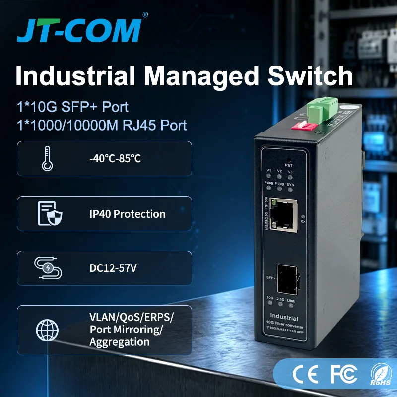 L2- Managed Full 10G Industrial Ethernet Transceiver 1*RJ45 Port Network Switch 1*10G SFP+ Uplink DIN Rail VLAN Support RSTP