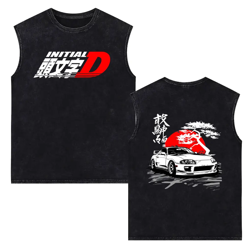 Anime Initial D AE86 Takumi Fujiwara Vintage Washed Tank Tops Men Women Cartoon Manga Harajuku Oversized Sleeveless Vest T-shirt