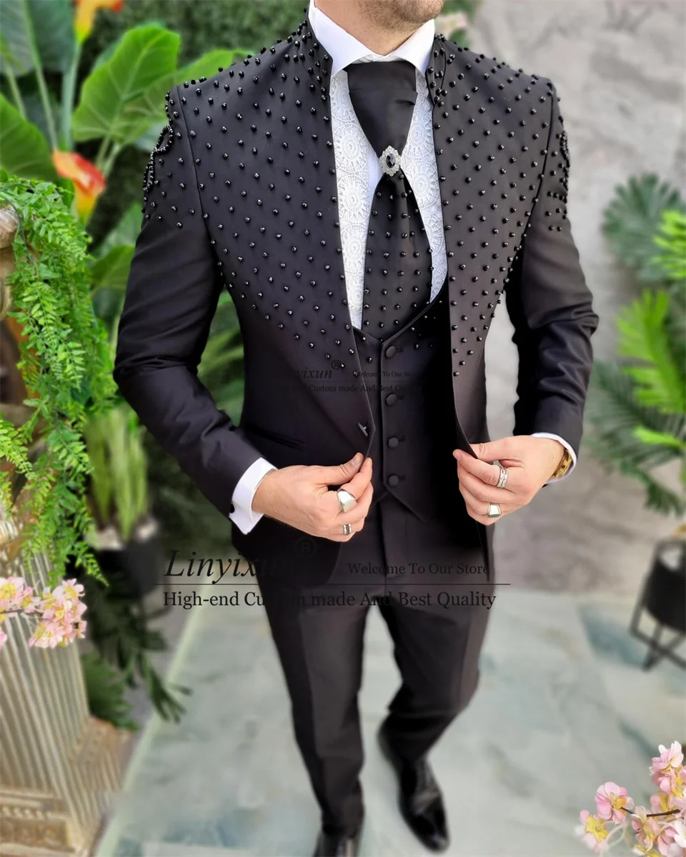 Luxury Pearl Beaded Tuxedos Business Men Suit 3 Pieces Sets Groom Wedding Prom Blazers Customized traje de hombre elegante