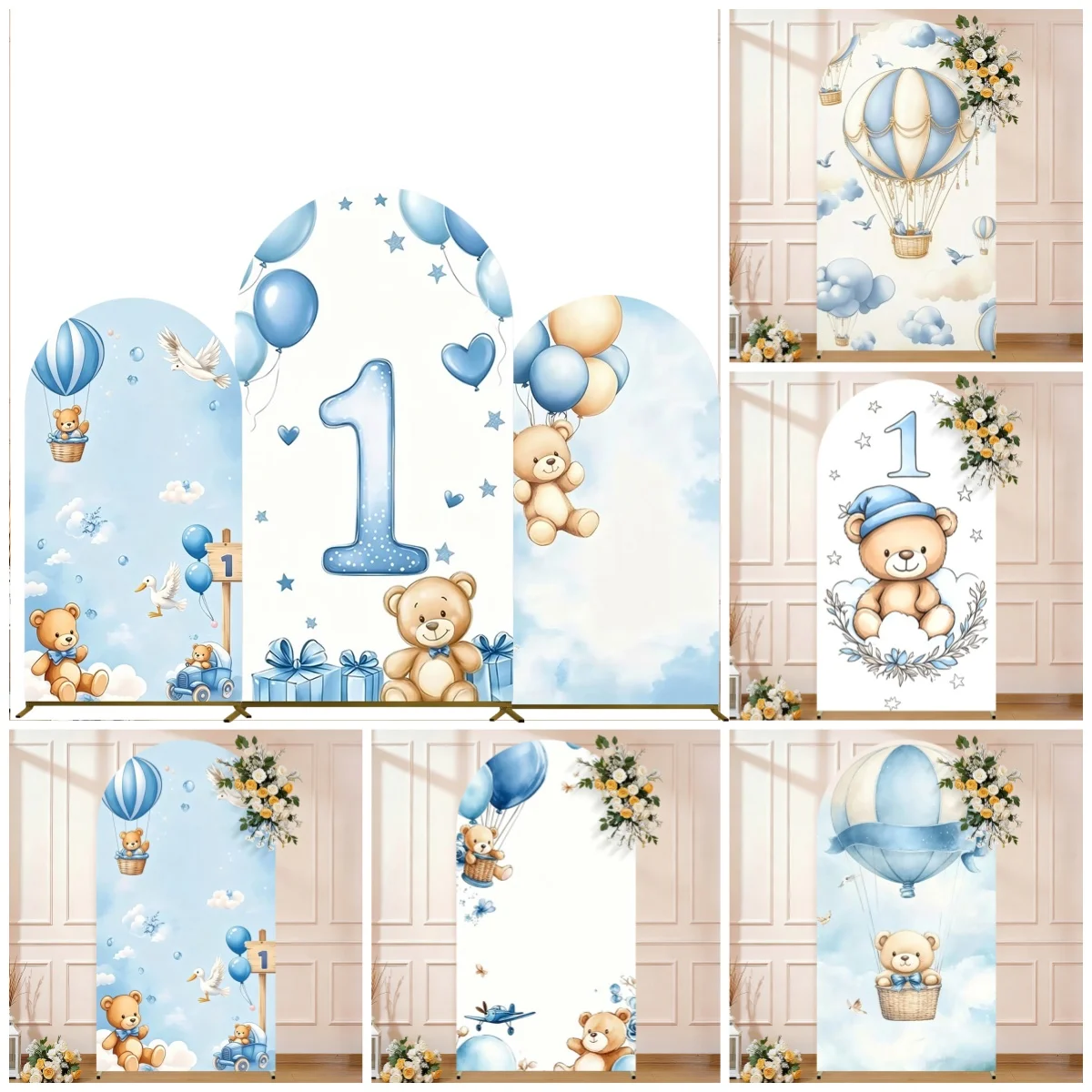 Custom Cute Blue Bear Hot Air Balloon Arch Backdrop Cover Kids Birthday Party Baby Shower Decoration Photo Booth Background Prop