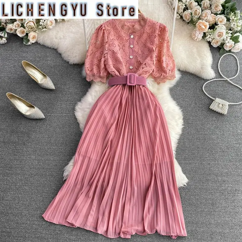 Sweet Style Women's Hollow Out Lace Patchwork Pleated With Belt Solid Color High Waist Dress 2023 Autumn New Dresses