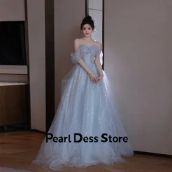 Pearl Dress Elegant Light Blue Women's Party Formal Occasion Dress 2023 Shiny Off Shoulder Prom Evening Dress