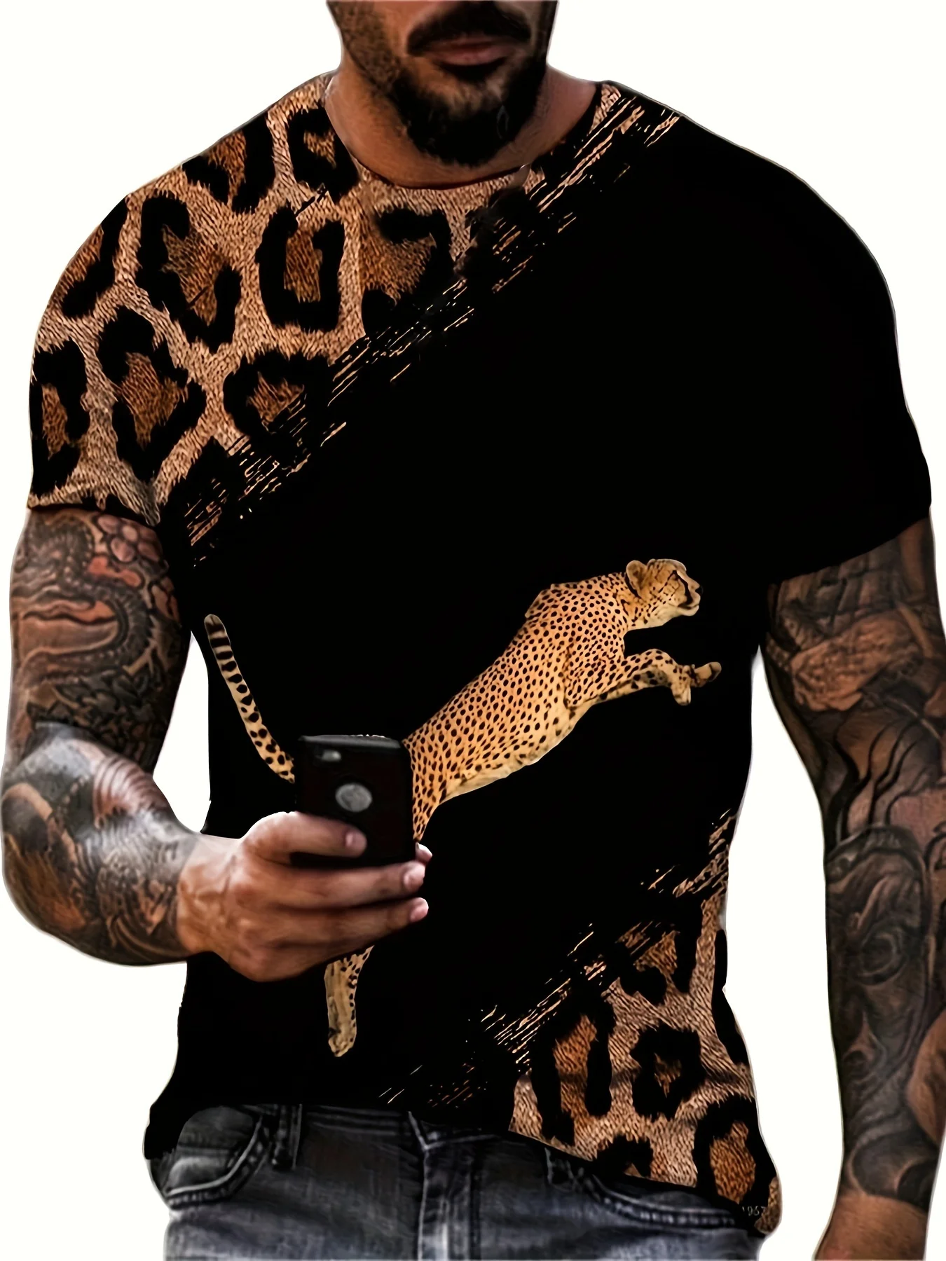 Leopard Print Fashion Color Block Men\'s Short Sleeve Crew Neck T-shirt, Summer Outdoor