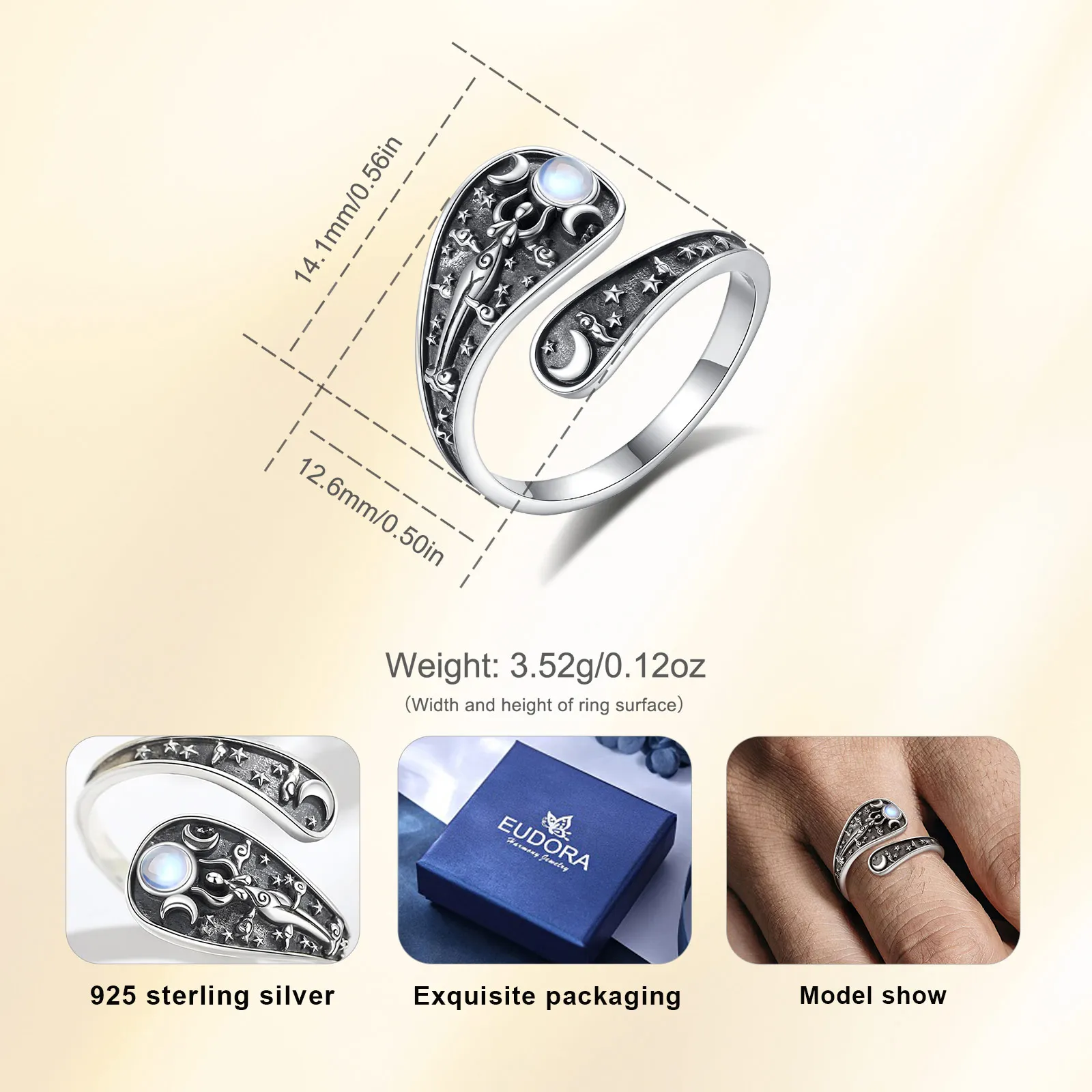 Eudora 925 Sterling Silver Triple Moon Goddes Adjustable Ring Moonstone Hecate Amulet Spoon Ring Vintage Jewelry Gift for Women