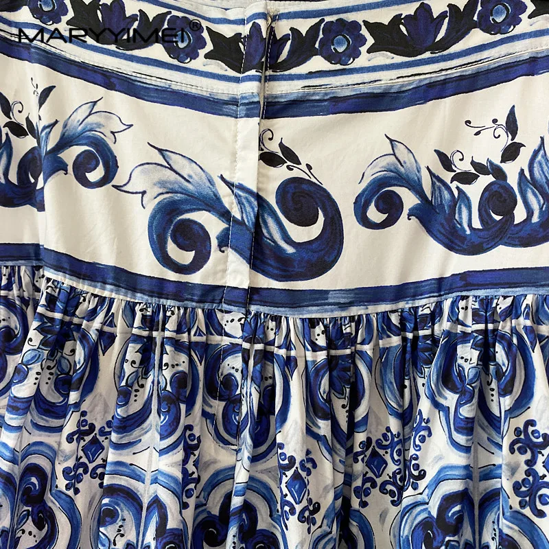 MARYYIMEI Mode Nieuwe Zomer Dames Blauw en wit porselein Print Casual Hoge kwaliteit Katoenen Rok