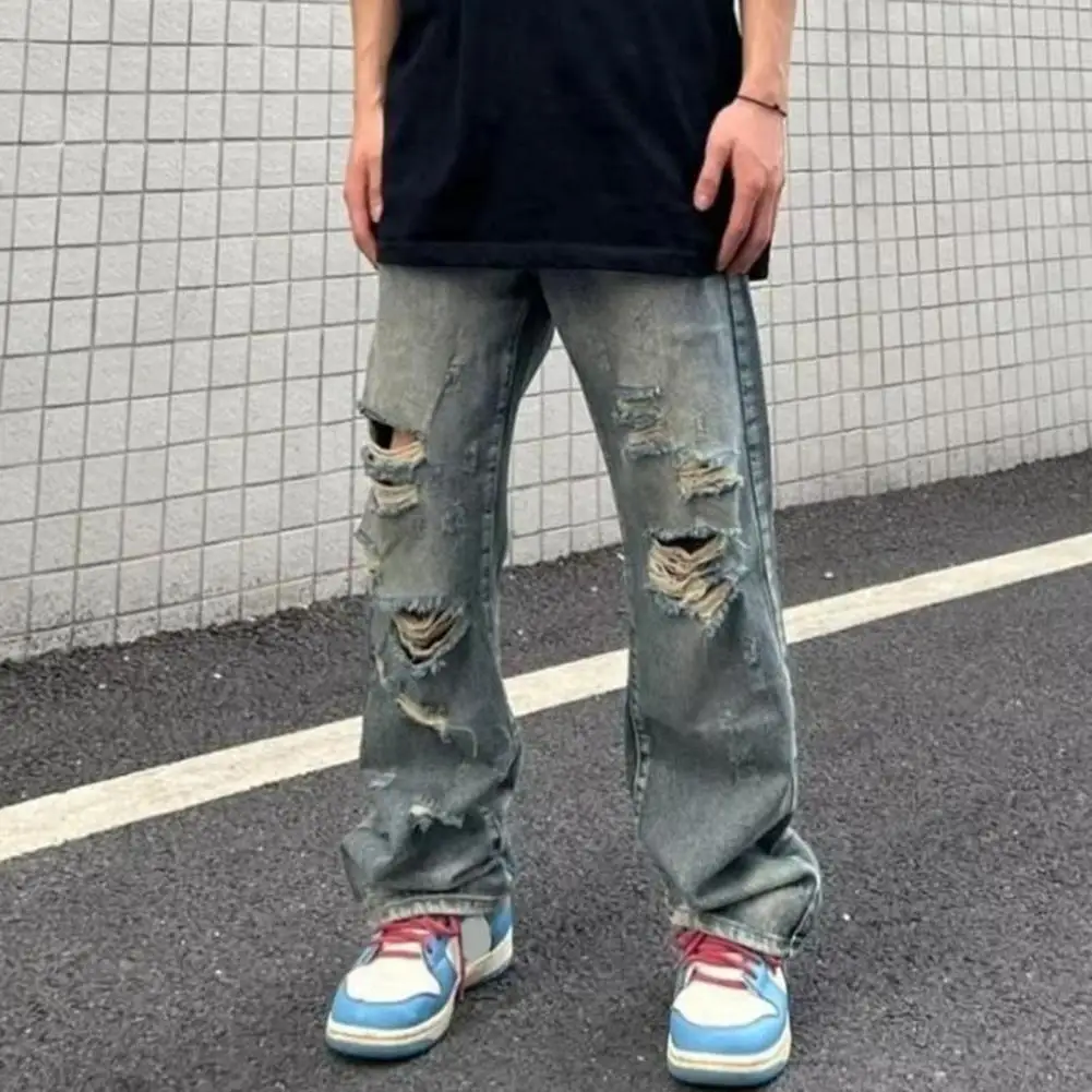 Men Jeans Ripped Hole Washed Wide Leg Straight Distressed Loose Hip Hop Streetwear Multi Pockets Full Length Long Pants Trousers