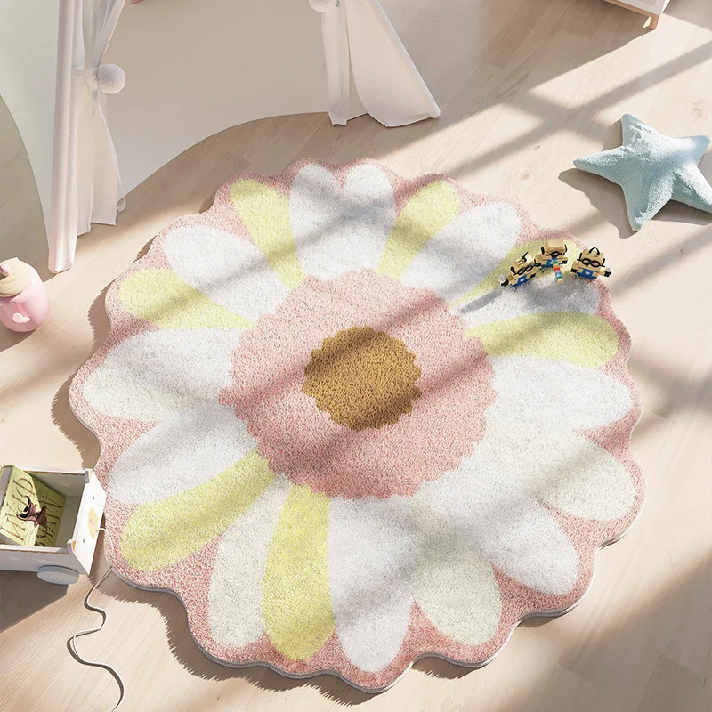 Nordic Fluffy Sun Flower Carpet Plush Rugs Cushion Girl Round Bedroom Children\'s Room Floor Mat Home Soft Mat For Baby Play Mat