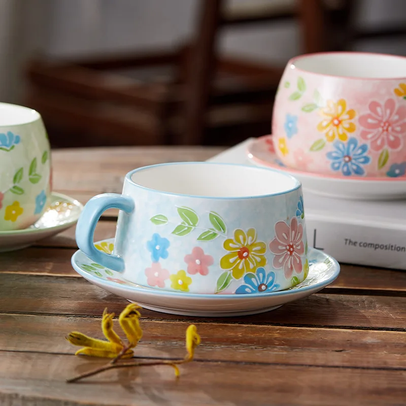 

Hand-painted Three-dimensional Relief Coffee Cup Saucer Flower Pattern Ceramic Mug Household High Quality Afternoon Tea Cup