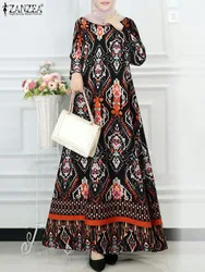 ZANZEA 2024 Spring O Neck Long Sleeve Floral Printed Maxi Dress Vintage Holiday Muslim Abaya Sundress Robe Femme Casual Vestido