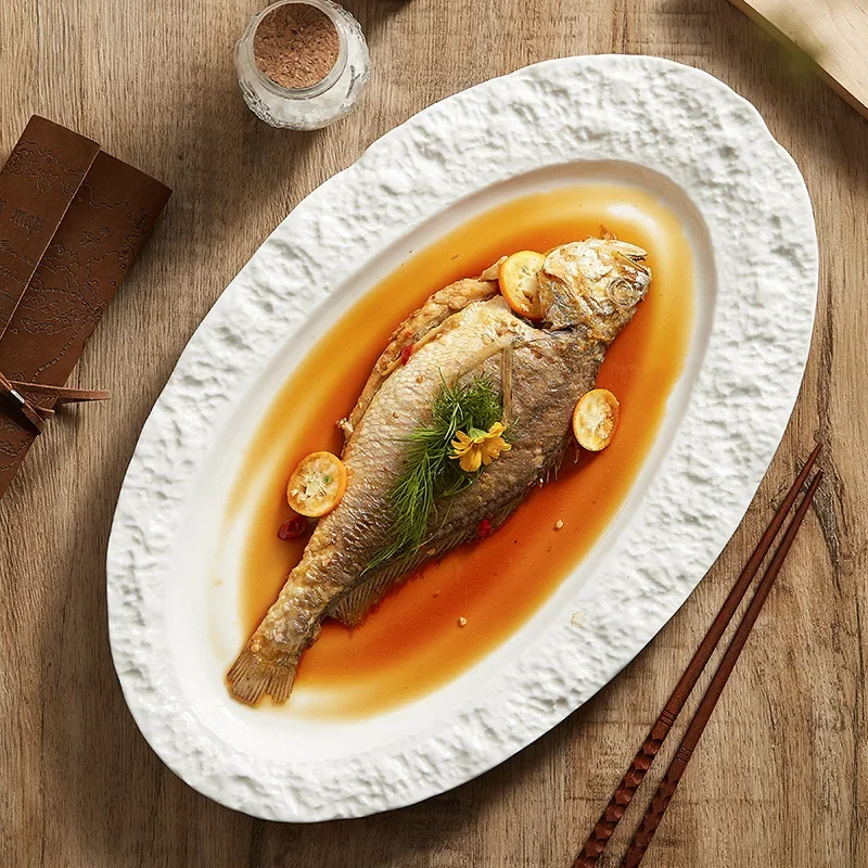 Pure White Ceramic Fish Plate, High-End Hotel Restaurant Special Tableware, High-Grade Light Luxury Plate, Oval Disk, New