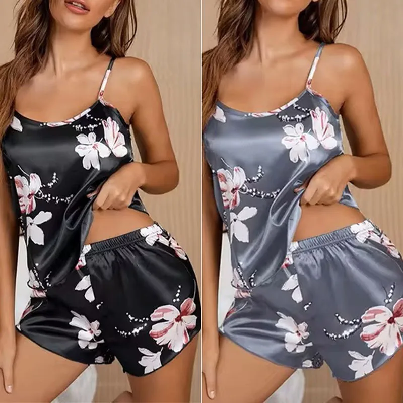 Trendy Casual Sleep Printed Camisole Tank Top Set Shorts Black Printed Camisole Women\'s 2xl Grey Sexy Elastic Waist Shorts Set