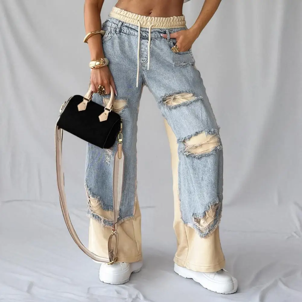 2026 Women Pants Elastic Waist Adjustable Drawstring Summer Long Trousers with Pockets Ripped Holes Denim Splicing Pants