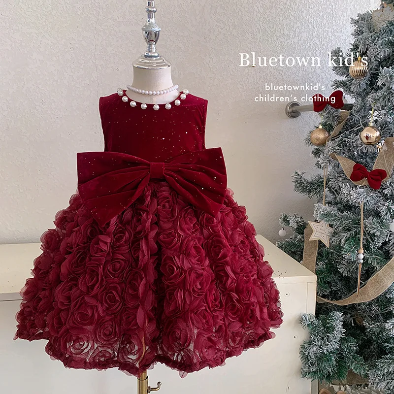 Girls Autumn and Winter New Velvet Western Style Three-Dimensional Flower Pearl Bow Red Princess Dress