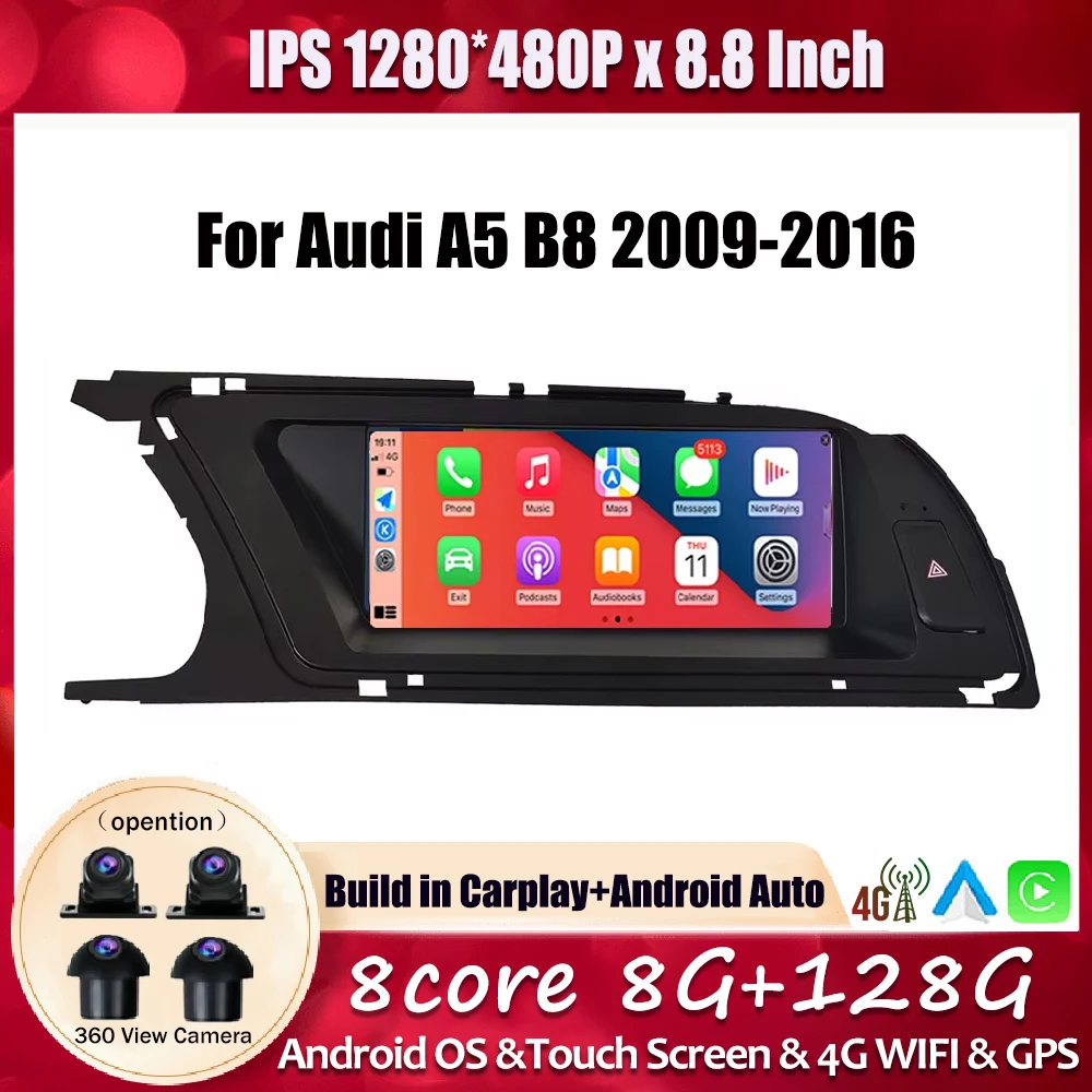 8.8 Inch Android 14 HD Touch Screen For Audi A5 B8 2009-2016 Car Accessories Auto Carplay Monitors Multimedia Audio Radio Player