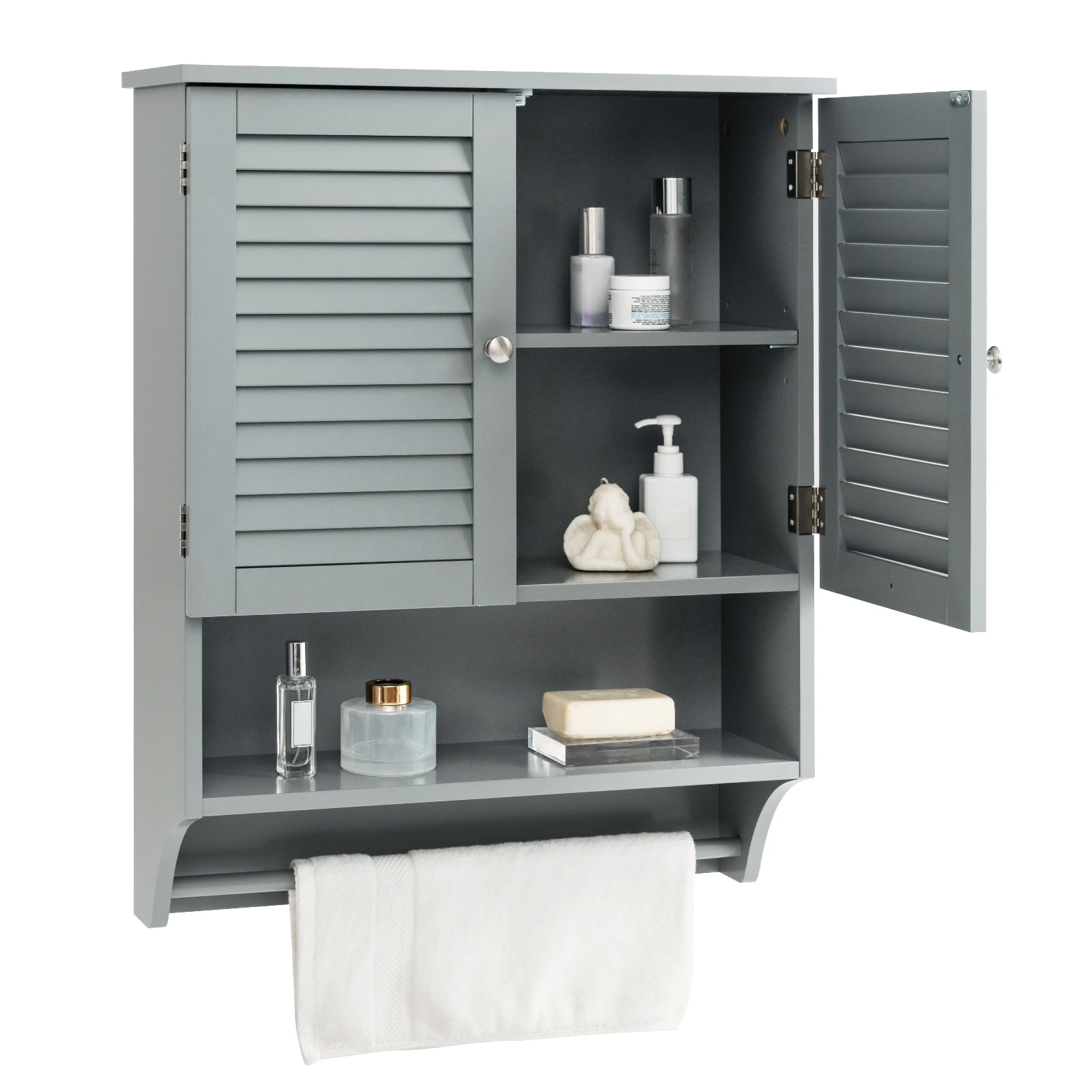 

Bathroom Wall Mounted Medicine Cabinet w/ Louvered Doors & Towel Bar Grey