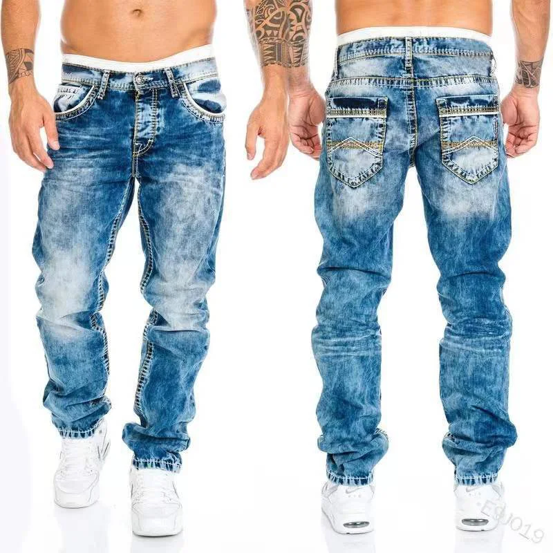 Vintage Wash Rechte Hiphop Jeans Heren Streetwear Casual Denim Cargo Broek Lente En Herfst Rits Print Stretch Jeans