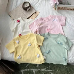 2024 summer Baby Girls T-Shirts children three-dimensional decoration solid color fashion style short-sleeved T-shirt