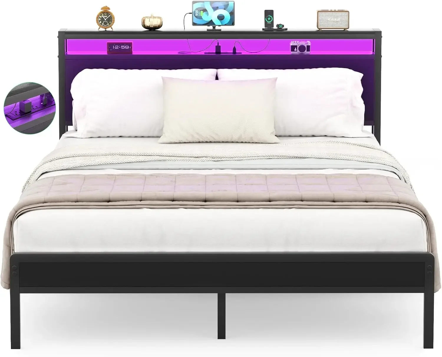 Queen Size Bed Frame with Charging Station and Led Lights, Industrial Metal Platform Bed with Storage Headboard