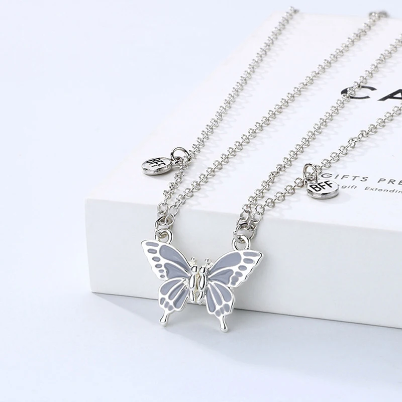 2PCS Best Friend Butterfly Necklaces BFF Friendship Necklace for 2 Girls Lover Couple Necklace Long Distance Birthday Gifts